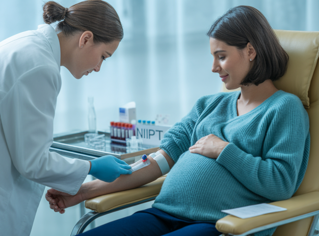 Lab technician drawing blood from a pregnant woman’s arm for non-invasive prenatal testing (NIPT).