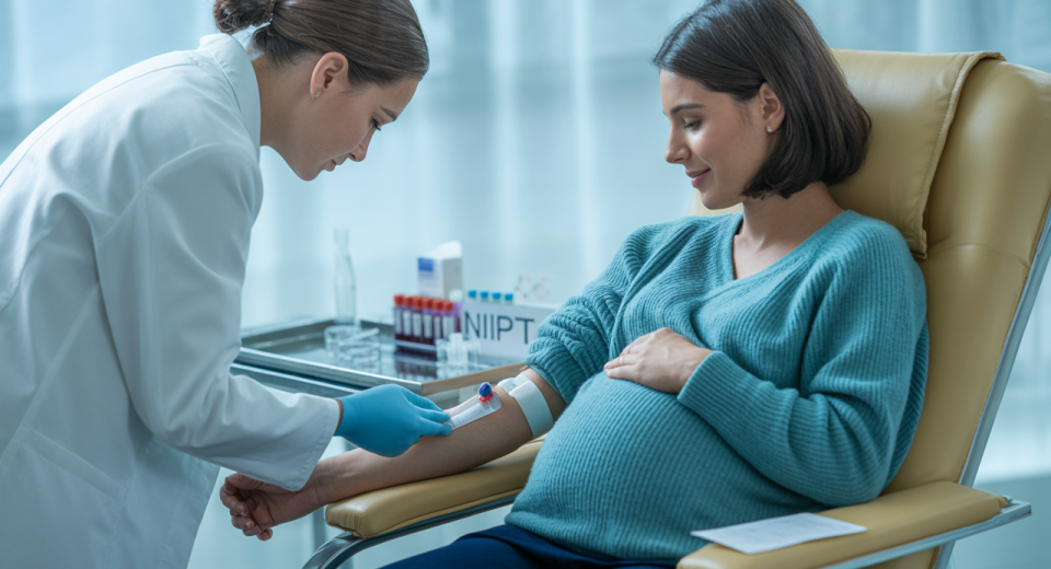 Lab technician drawing blood from a pregnant woman’s arm for non-invasive prenatal testing (NIPT).