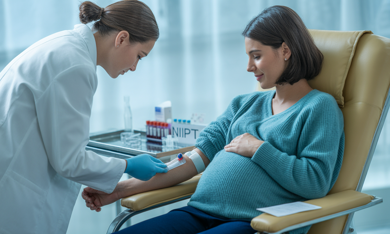 Lab technician drawing blood from a pregnant woman’s arm for non-invasive prenatal testing (NIPT).