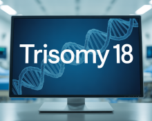 "A medical screen displaying the term 'Trisomy 18' with a professional interface, including subtle background visuals of DNA strands and chromosomes."