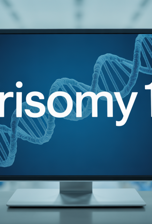 "A medical screen displaying the term 'Trisomy 18' with a professional interface, including subtle background visuals of DNA strands and chromosomes."