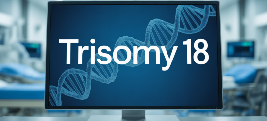 "A medical screen displaying the term 'Trisomy 18' with a professional interface, including subtle background visuals of DNA strands and chromosomes."