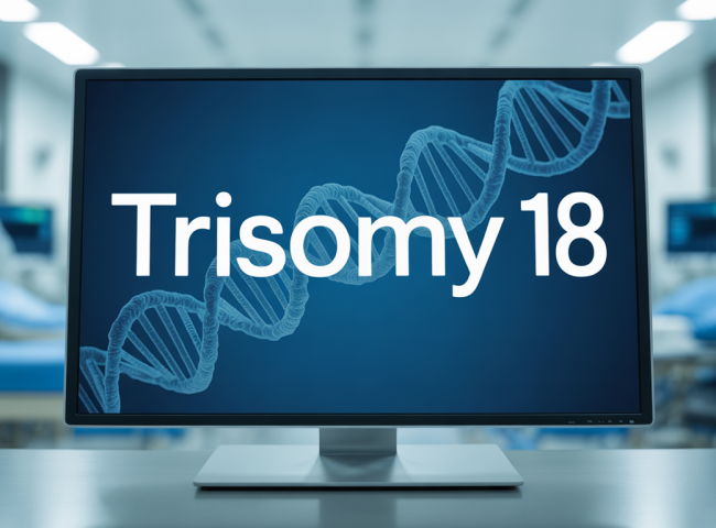 "A medical screen displaying the term 'Trisomy 18' with a professional interface, including subtle background visuals of DNA strands and chromosomes."