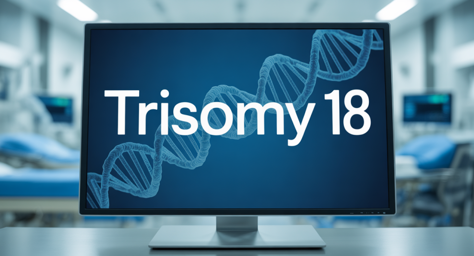 "A medical screen displaying the term 'Trisomy 18' with a professional interface, including subtle background visuals of DNA strands and chromosomes."