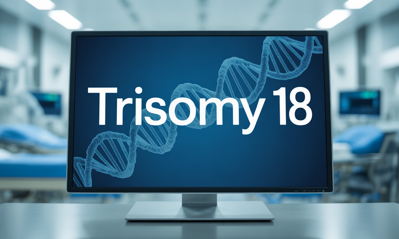 "A medical screen displaying the term 'Trisomy 18' with a professional interface, including subtle background visuals of DNA strands and chromosomes."