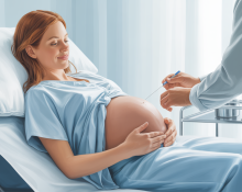 Doctor performing amniocentesis on a pregnant woman lying on an examination bed; needle inserted into the abdomen to collect amniotic fluid; fetus not visible.