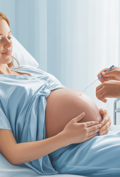Doctor performing amniocentesis on a pregnant woman lying on an examination bed; needle inserted into the abdomen to collect amniotic fluid; fetus not visible.