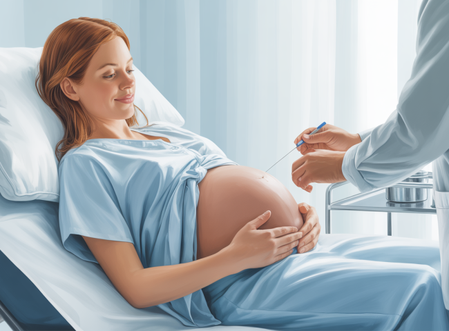 Doctor performing amniocentesis on a pregnant woman lying on an examination bed; needle inserted into the abdomen to collect amniotic fluid; fetus not visible.