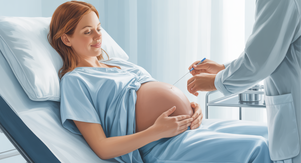 Doctor performing amniocentesis on a pregnant woman lying on an examination bed; needle inserted into the abdomen to collect amniotic fluid; fetus not visible.