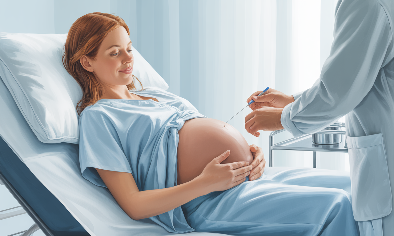 Doctor performing amniocentesis on a pregnant woman lying on an examination bed; needle inserted into the abdomen to collect amniotic fluid; fetus not visible.