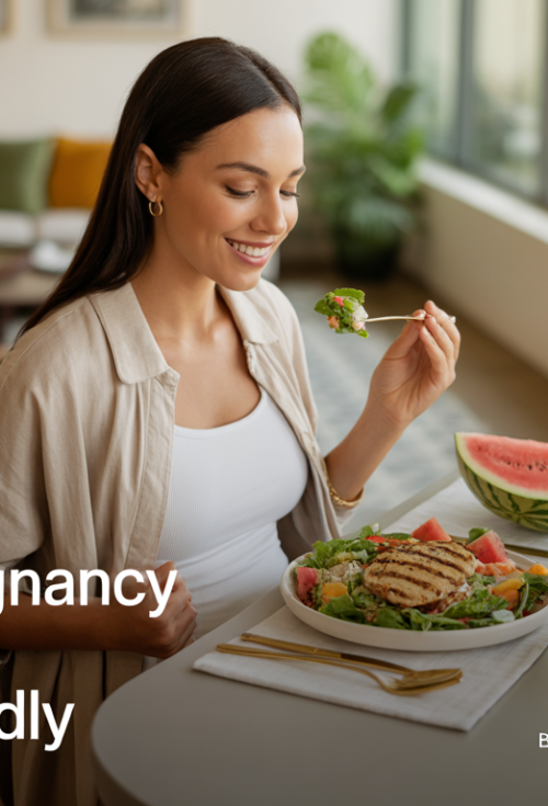 A relaxed, health-conscious woman in her first week of pregnancy sits in a sunlit, modern Dubai apartment with large windows. She's wearing light cotton loungewear and is surrounded by a fresh, balanced meal including grilled chicken salad, quinoa with steamed vegetables, sliced fruits, and a glass of coconut water. The setting features minimalist décor with Arabic design elements like a patterned rug, gold accents, and indoor plants.
