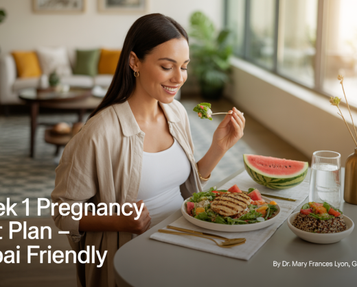 A relaxed, health-conscious woman in her first week of pregnancy sits in a sunlit, modern Dubai apartment with large windows. She's wearing light cotton loungewear and is surrounded by a fresh, balanced meal including grilled chicken salad, quinoa with steamed vegetables, sliced fruits, and a glass of coconut water. The setting features minimalist décor with Arabic design elements like a patterned rug, gold accents, and indoor plants.