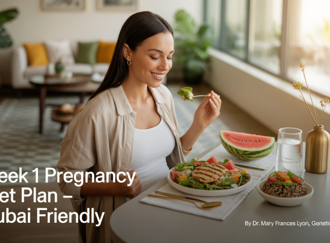 A relaxed, health-conscious woman in her first week of pregnancy sits in a sunlit, modern Dubai apartment with large windows. She's wearing light cotton loungewear and is surrounded by a fresh, balanced meal including grilled chicken salad, quinoa with steamed vegetables, sliced fruits, and a glass of coconut water. The setting features minimalist décor with Arabic design elements like a patterned rug, gold accents, and indoor plants.