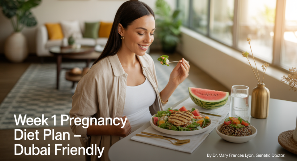 A relaxed, health-conscious woman in her first week of pregnancy sits in a sunlit, modern Dubai apartment with large windows. She's wearing light cotton loungewear and is surrounded by a fresh, balanced meal including grilled chicken salad, quinoa with steamed vegetables, sliced fruits, and a glass of coconut water. The setting features minimalist décor with Arabic design elements like a patterned rug, gold accents, and indoor plants.