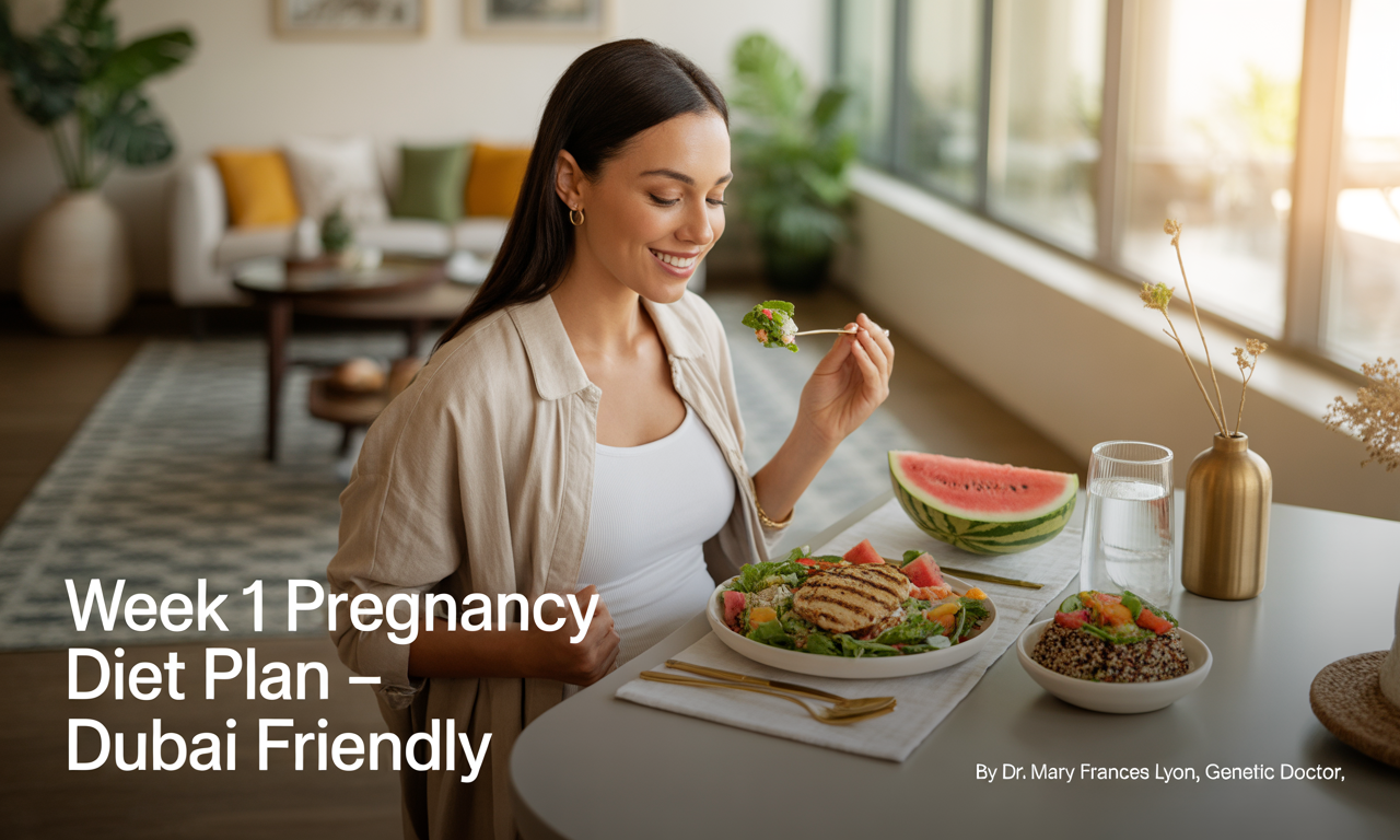 A relaxed, health-conscious woman in her first week of pregnancy sits in a sunlit, modern Dubai apartment with large windows. She's wearing light cotton loungewear and is surrounded by a fresh, balanced meal including grilled chicken salad, quinoa with steamed vegetables, sliced fruits, and a glass of coconut water. The setting features minimalist décor with Arabic design elements like a patterned rug, gold accents, and indoor plants.