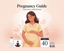 Illustration of a smiling pregnant woman in a flowing pastel dress, holding her belly, surrounded by soft floral accents and wellness icons like a yoga pose, water bottle, calendar, and scale, on a gentle pastel background.