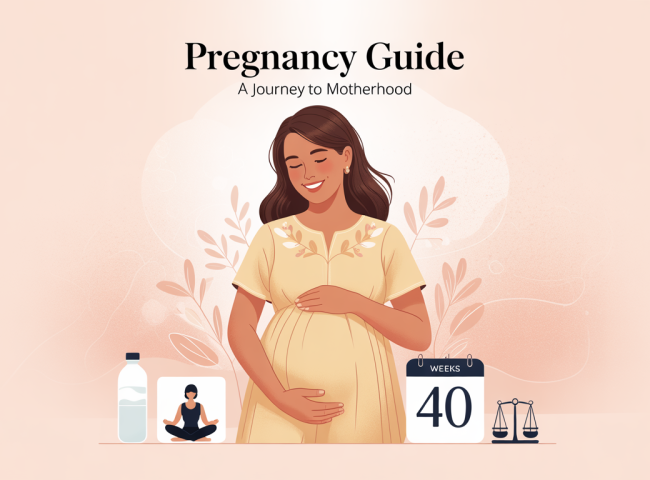 Illustration of a smiling pregnant woman in a flowing pastel dress, holding her belly, surrounded by soft floral accents and wellness icons like a yoga pose, water bottle, calendar, and scale, on a gentle pastel background.