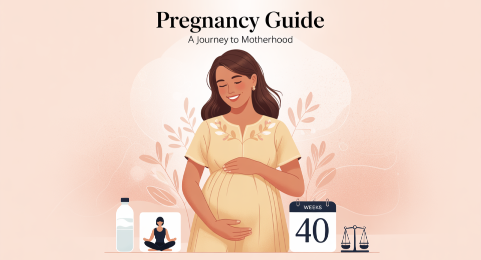 Illustration of a smiling pregnant woman in a flowing pastel dress, holding her belly, surrounded by soft floral accents and wellness icons like a yoga pose, water bottle, calendar, and scale, on a gentle pastel background.