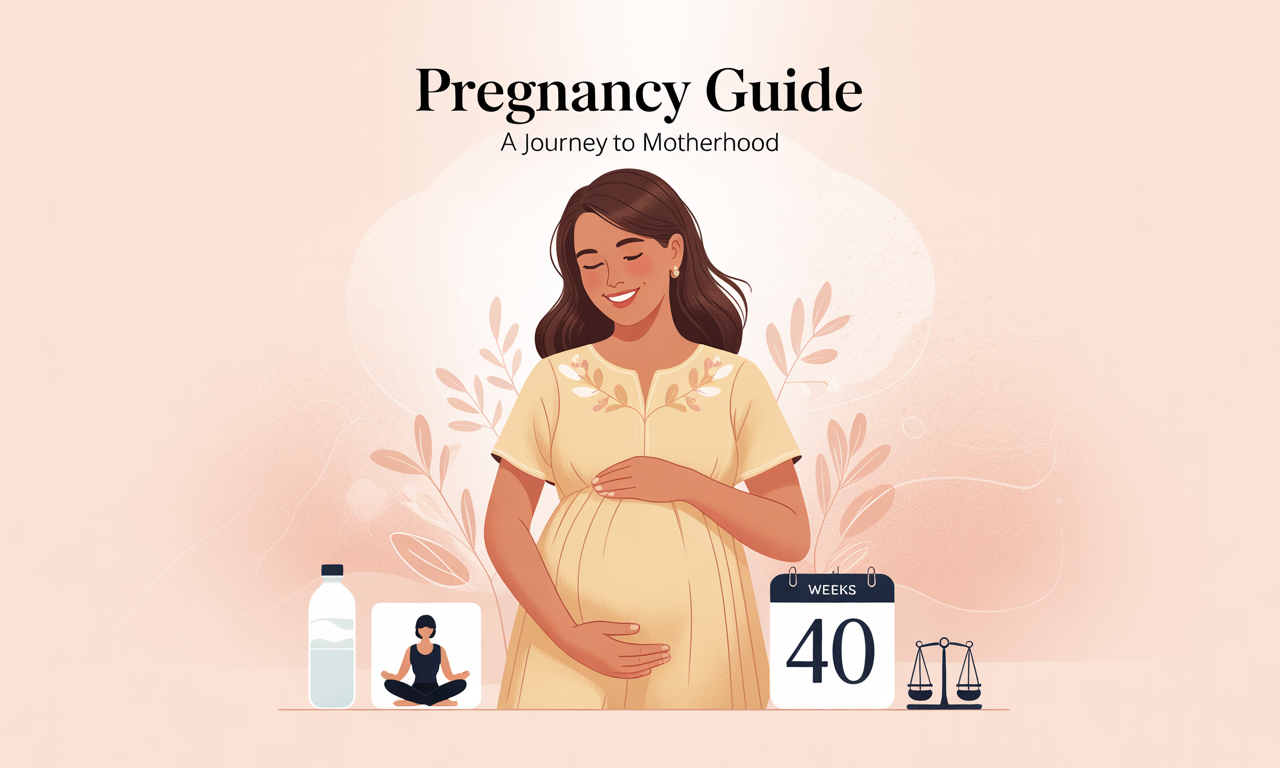 Illustration of a smiling pregnant woman in a flowing pastel dress, holding her belly, surrounded by soft floral accents and wellness icons like a yoga pose, water bottle, calendar, and scale, on a gentle pastel background.