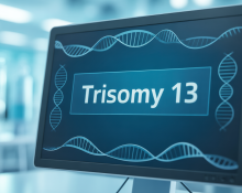 "A medical computer screen displaying the term 'Trisomy 13' with a clean user interface, including genetic symbols such as DNA strands and chromosomes in the background."
