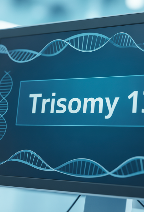 "A medical computer screen displaying the term 'Trisomy 13' with a clean user interface, including genetic symbols such as DNA strands and chromosomes in the background."