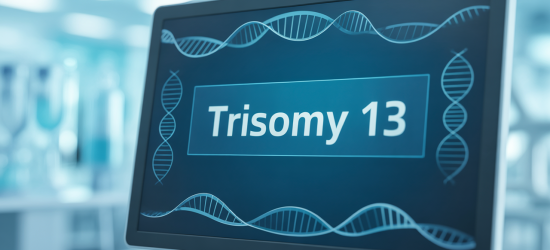 "A medical computer screen displaying the term 'Trisomy 13' with a clean user interface, including genetic symbols such as DNA strands and chromosomes in the background."