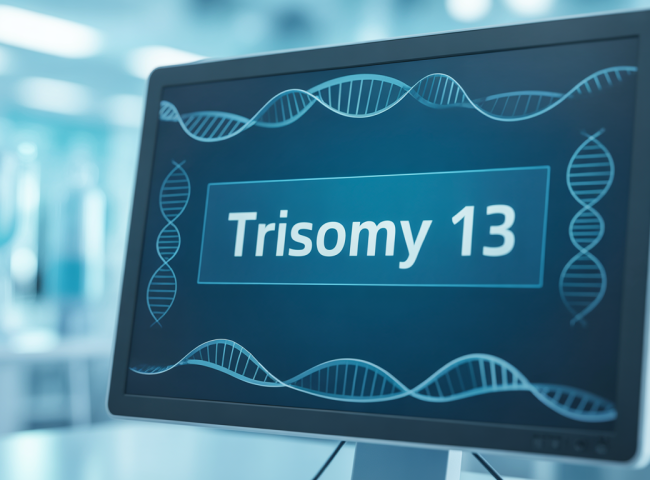 "A medical computer screen displaying the term 'Trisomy 13' with a clean user interface, including genetic symbols such as DNA strands and chromosomes in the background."