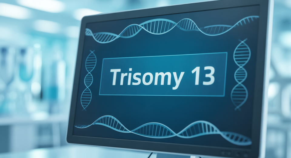 "A medical computer screen displaying the term 'Trisomy 13' with a clean user interface, including genetic symbols such as DNA strands and chromosomes in the background."