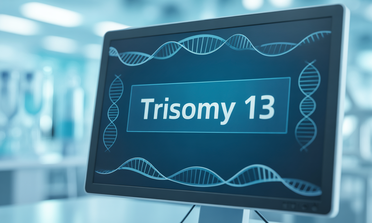 "A medical computer screen displaying the term 'Trisomy 13' with a clean user interface, including genetic symbols such as DNA strands and chromosomes in the background."