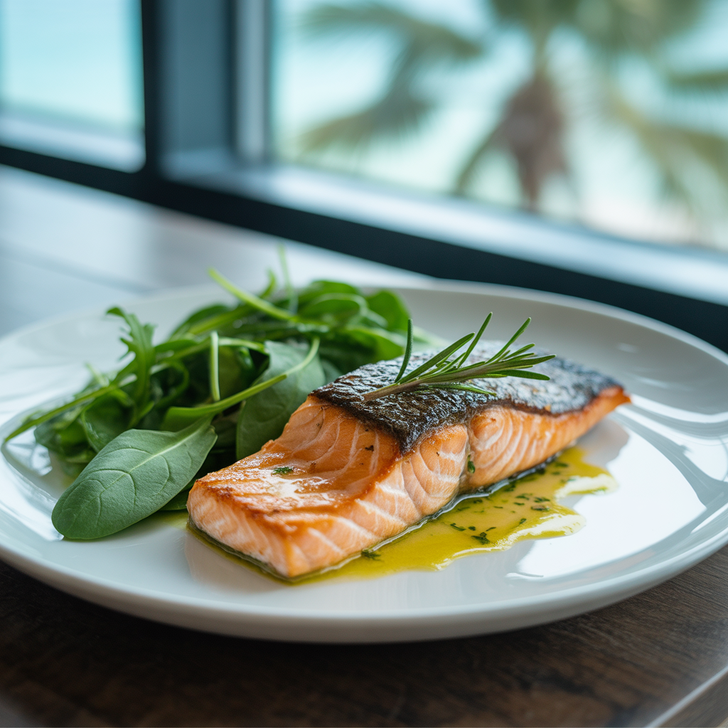 Grilled salmon fillet with leafy greens on a plate, a nutritious meal for pregnancy wellness in Dubai.