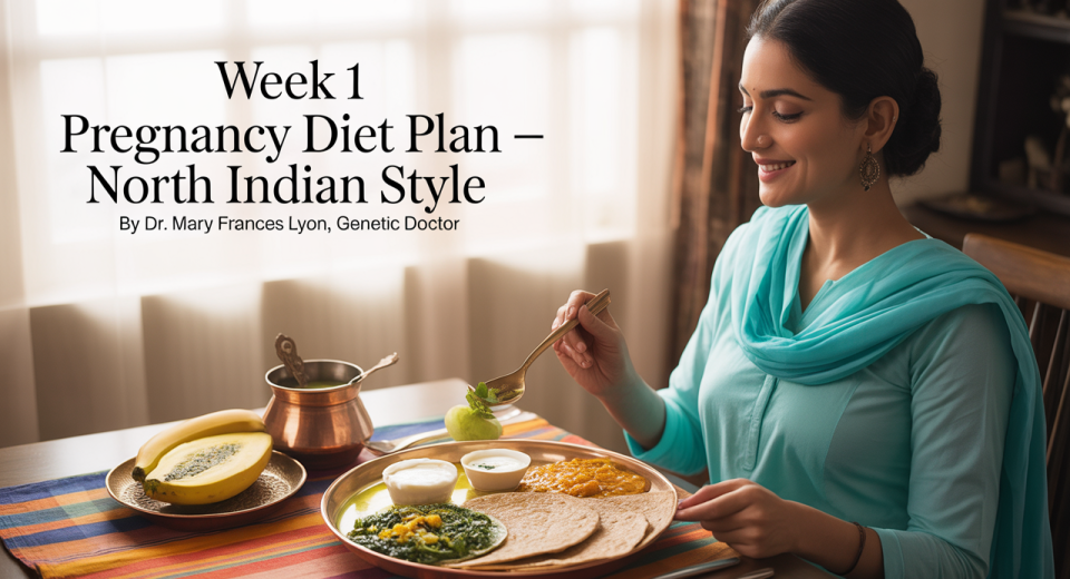 North Indian woman in early pregnancy eating a healthy meal of roti, dal, sautéed spinach, curd, and fresh fruits at a sunlit dining table, without a visible baby bump.