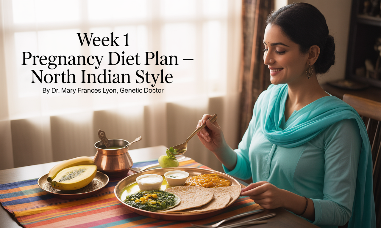 North Indian woman in early pregnancy eating a healthy meal of roti, dal, sautéed spinach, curd, and fresh fruits at a sunlit dining table, without a visible baby bump.