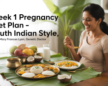Pregnant woman enjoying a nutritious South Indian meal with idli, upma, curd rice, boiled egg, fresh fruits, and coconut water in a sunlit home.