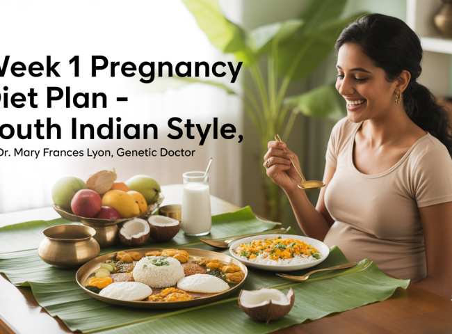 Pregnant woman enjoying a nutritious South Indian meal with idli, upma, curd rice, boiled egg, fresh fruits, and coconut water in a sunlit home.