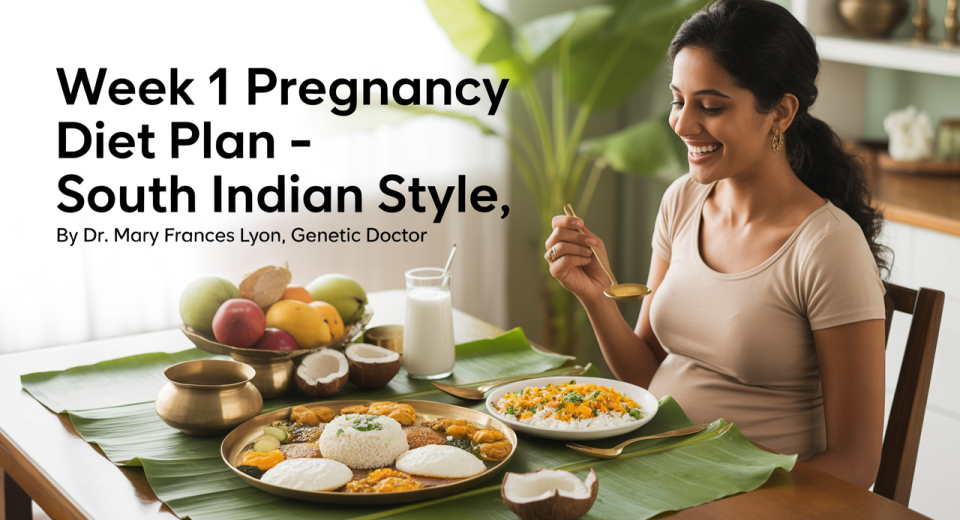 Pregnant woman enjoying a nutritious South Indian meal with idli, upma, curd rice, boiled egg, fresh fruits, and coconut water in a sunlit home.