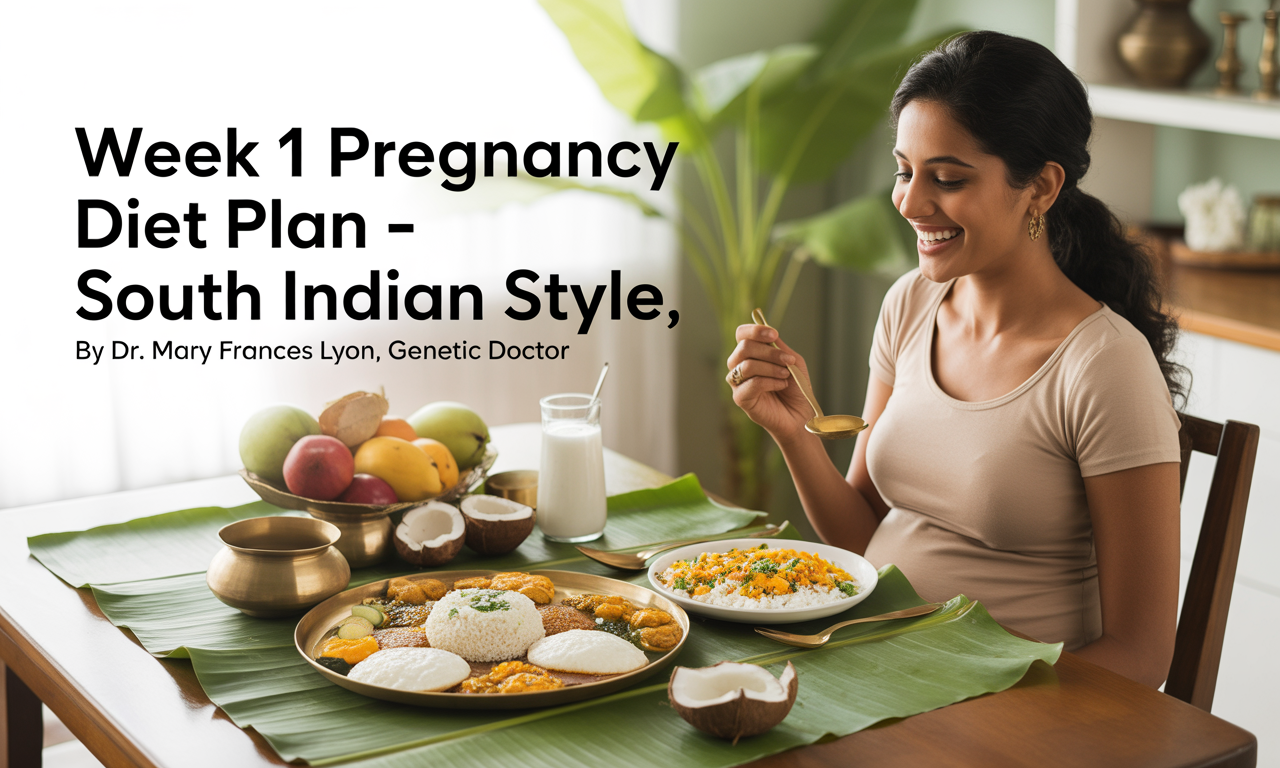 Pregnant woman enjoying a nutritious South Indian meal with idli, upma, curd rice, boiled egg, fresh fruits, and coconut water in a sunlit home.