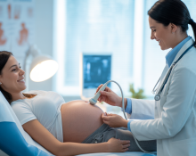 Pregnant woman receiving an ultrasound scan from a doctor in a modern clinic