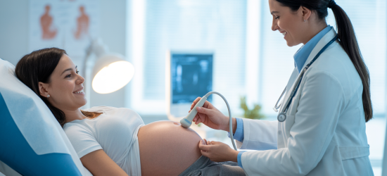 Pregnant woman receiving an ultrasound scan from a doctor in a modern clinic