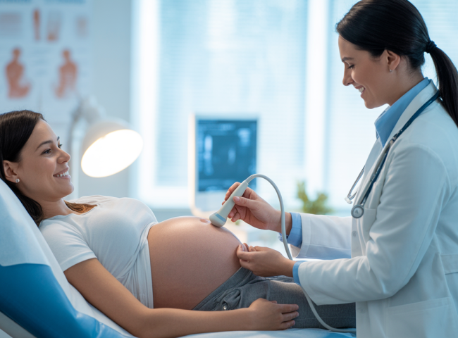 Pregnant woman receiving an ultrasound scan from a doctor in a modern clinic
