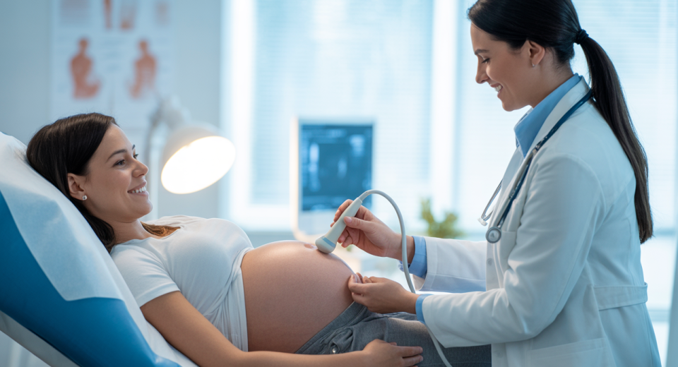 Pregnant woman receiving an ultrasound scan from a doctor in a modern clinic