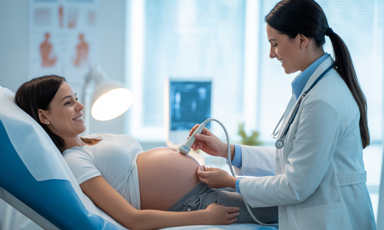Pregnant woman receiving an ultrasound scan from a doctor in a modern clinic