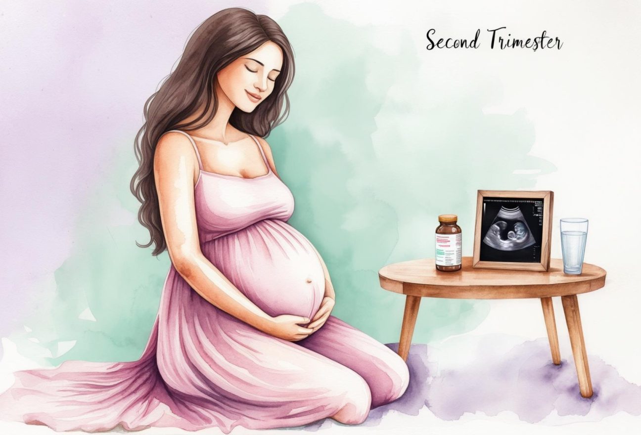 Illustration of a confident, energetic pregnant woman in her second trimester, with a visible baby bump, surrounded by soft mint green and lavender tones. A sonogram and prenatal vitamins are placed on a nearby table.