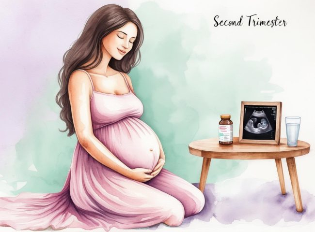 Illustration of a confident, energetic pregnant woman in her second trimester, with a visible baby bump, surrounded by soft mint green and lavender tones. A sonogram and prenatal vitamins are placed on a nearby table.