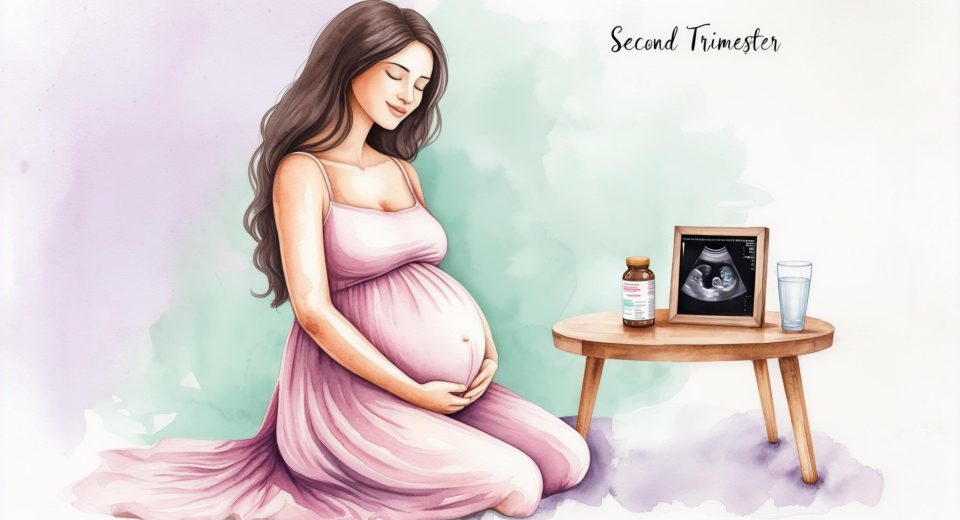 Illustration of a confident, energetic pregnant woman in her second trimester, with a visible baby bump, surrounded by soft mint green and lavender tones. A sonogram and prenatal vitamins are placed on a nearby table.