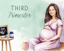 Illustration of a confident, smiling pregnant woman in her third trimester with a prominent baby bump, seated or standing in a soft-colored background of mint green and lavender. A sonogram photo and prenatal vitamins rest on a nearby table, with “THIRD TRIMESTER” text included in the design.
