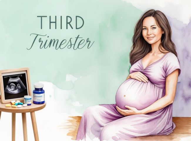 Illustration of a confident, smiling pregnant woman in her third trimester with a prominent baby bump, seated or standing in a soft-colored background of mint green and lavender. A sonogram photo and prenatal vitamins rest on a nearby table, with “THIRD TRIMESTER” text included in the design.