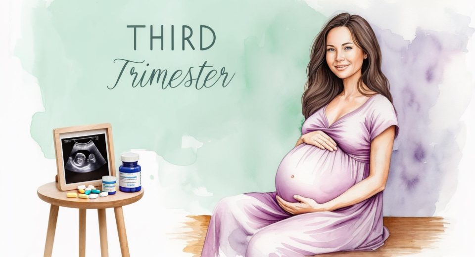 Illustration of a confident, smiling pregnant woman in her third trimester with a prominent baby bump, seated or standing in a soft-colored background of mint green and lavender. A sonogram photo and prenatal vitamins rest on a nearby table, with “THIRD TRIMESTER” text included in the design.