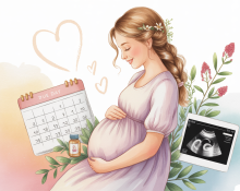 Illustration of a pregnant woman in her first trimester, gently holding her belly, surrounded by icons representing health, nutrition, and prenatal care.
