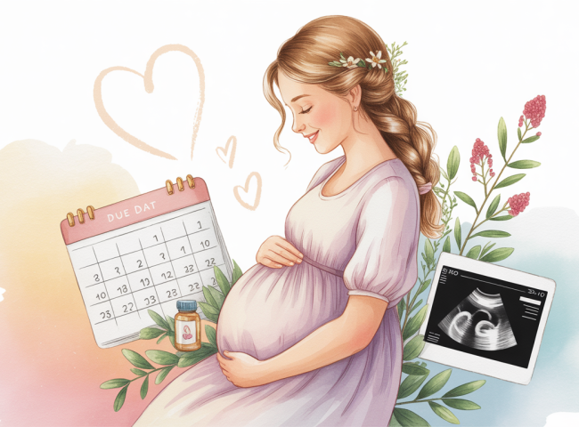 Illustration of a pregnant woman in her first trimester, gently holding her belly, surrounded by icons representing health, nutrition, and prenatal care.