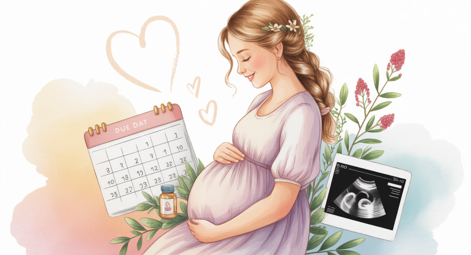 Illustration of a pregnant woman in her first trimester, gently holding her belly, surrounded by icons representing health, nutrition, and prenatal care.